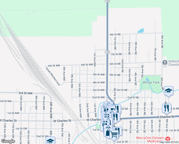 map of restaurants, bars, coffee shops, grocery stores, and more near 450-498 2nd Avenue Northwest in Oelwein