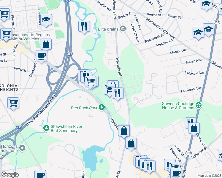map of restaurants, bars, coffee shops, grocery stores, and more near 350 Winthrop Avenue in North Andover