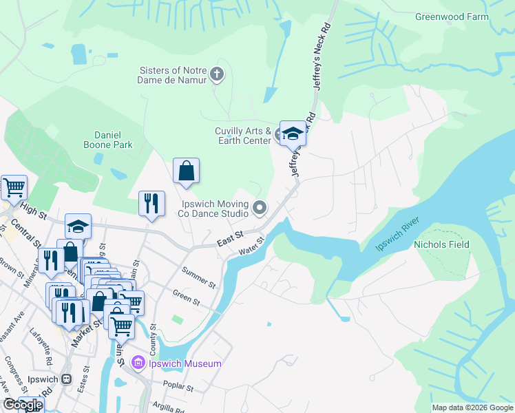 map of restaurants, bars, coffee shops, grocery stores, and more near 62 East Street in Ipswich