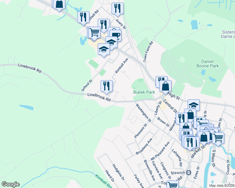map of restaurants, bars, coffee shops, grocery stores, and more near 47 Linebrook Road in Ipswich