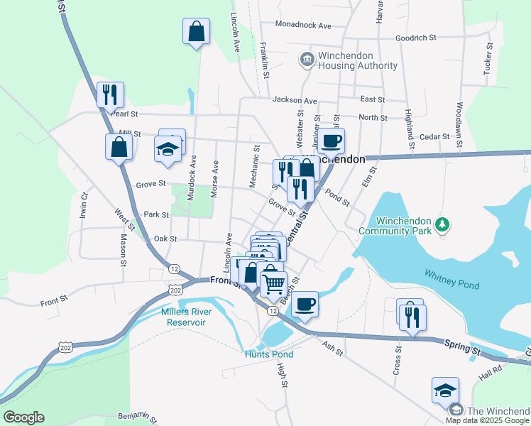 map of restaurants, bars, coffee shops, grocery stores, and more near 122 Pleasant Street in Winchendon