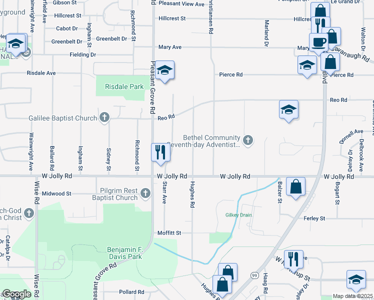 map of restaurants, bars, coffee shops, grocery stores, and more near 5000 Hughes Road in Lansing