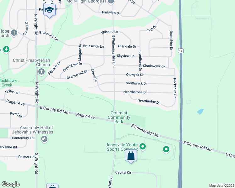 map of restaurants, bars, coffee shops, grocery stores, and more near 122 North Wuthering Hills Drive in Janesville