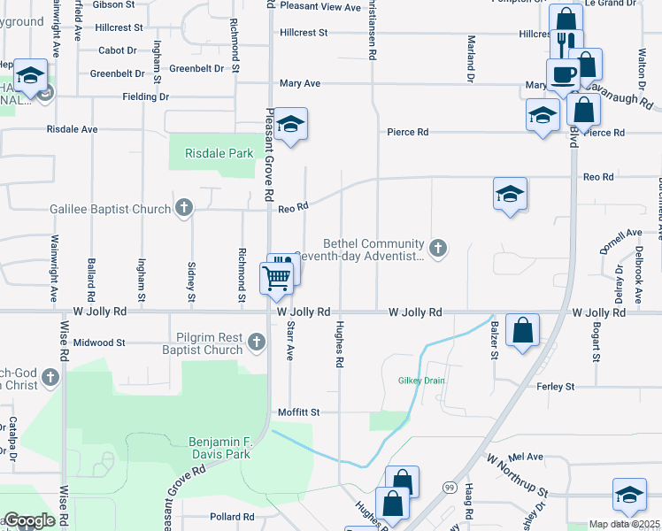 map of restaurants, bars, coffee shops, grocery stores, and more near 5000 Hughes Road in Lansing