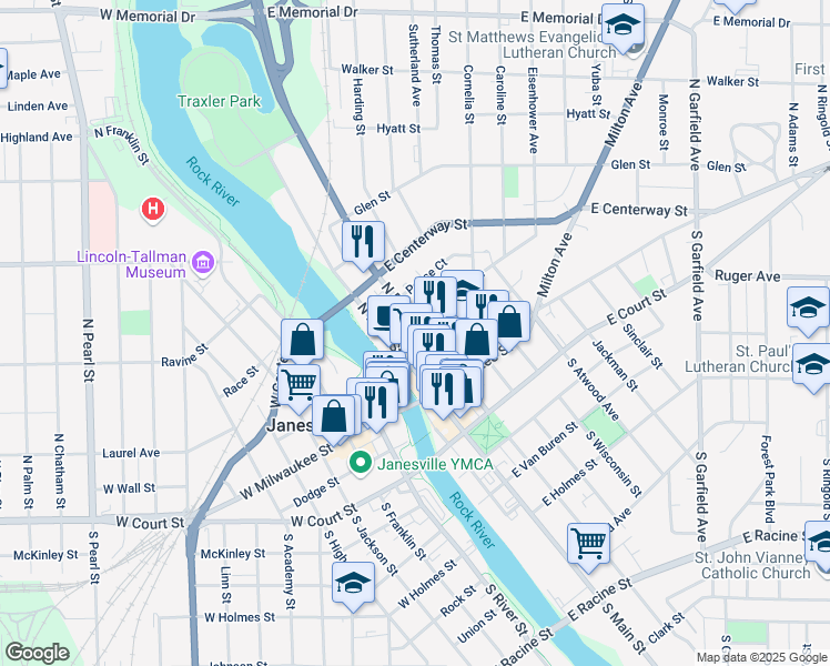 map of restaurants, bars, coffee shops, grocery stores, and more near 121 North Parker Drive in Janesville