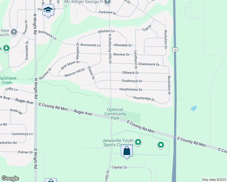 map of restaurants, bars, coffee shops, grocery stores, and more near 122 North Wuthering Hills Drive in Janesville