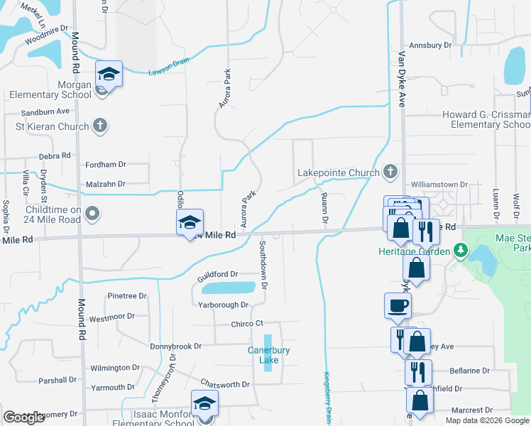 map of restaurants, bars, coffee shops, grocery stores, and more near 7045 24 Mile Road in Macomb County