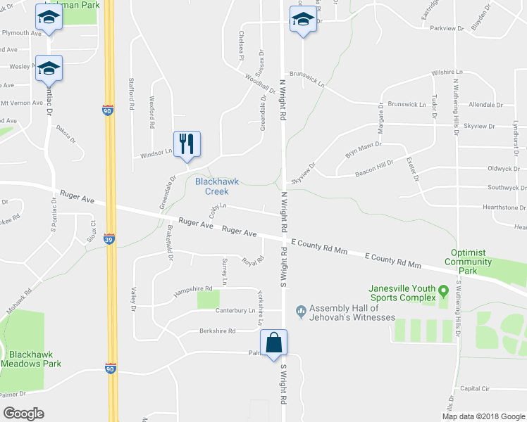 map of restaurants, bars, coffee shops, grocery stores, and more near 416 Colby Court in Janesville