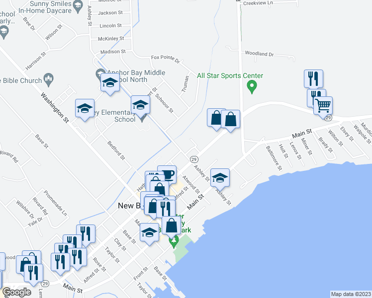 map of restaurants, bars, coffee shops, grocery stores, and more near 36879 Brewster Lane in New Baltimore