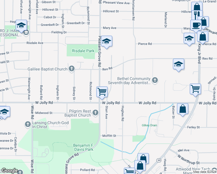 map of restaurants, bars, coffee shops, grocery stores, and more near 4914 Starr Avenue in Lansing
