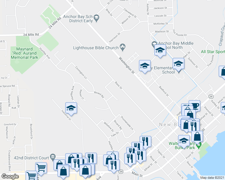 map of restaurants, bars, coffee shops, grocery stores, and more near 51998 Oxford Court in New Baltimore