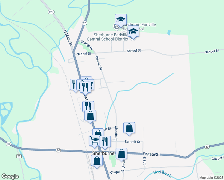 map of restaurants, bars, coffee shops, grocery stores, and more near 33 Classic Street in Sherburne