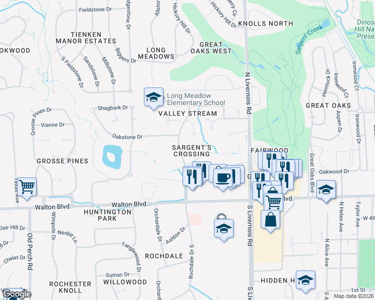 map of restaurants, bars, coffee shops, grocery stores, and more near 250 Marmoor Court in Rochester Hills