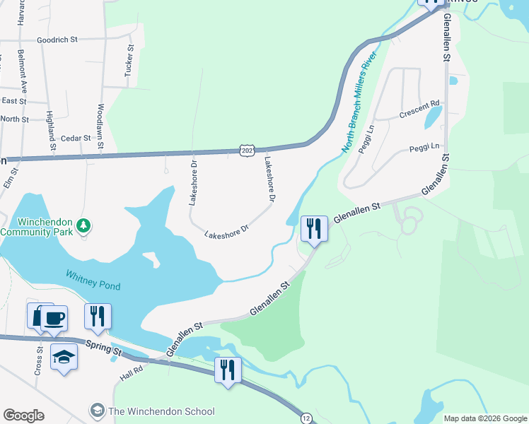 map of restaurants, bars, coffee shops, grocery stores, and more near 60 Lakeshore Drive in Winchendon