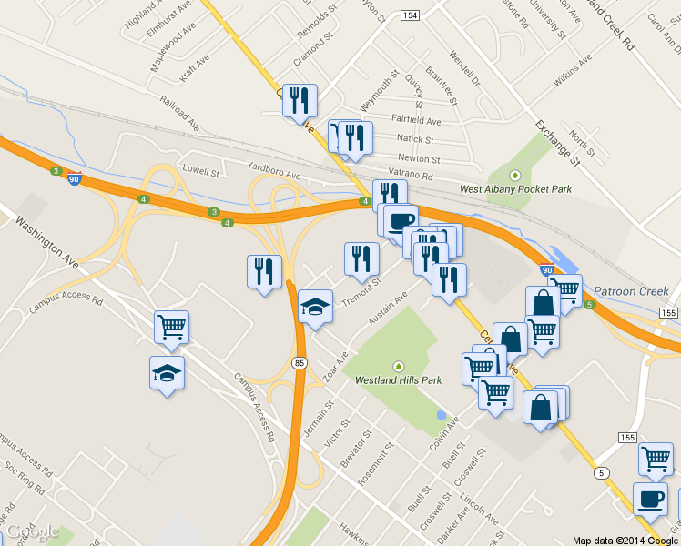 map of restaurants, bars, coffee shops, grocery stores, and more near 26 Lily Street in Albany