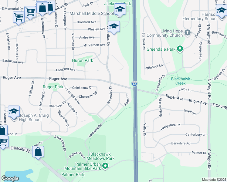 map of restaurants, bars, coffee shops, grocery stores, and more near 104 South Pontiac Drive in Janesville