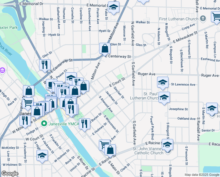 map of restaurants, bars, coffee shops, grocery stores, and more near 28 Sinclair Street in Janesville