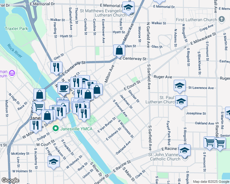 map of restaurants, bars, coffee shops, grocery stores, and more near 12 Jackman Street in Janesville