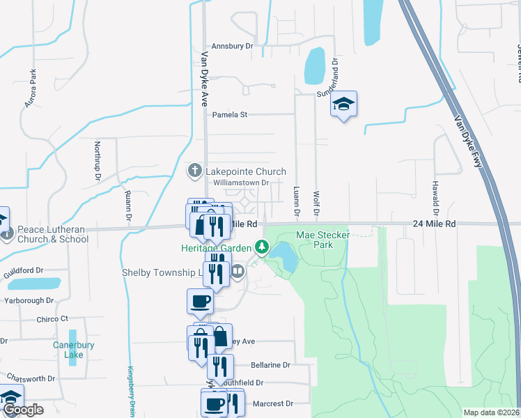map of restaurants, bars, coffee shops, grocery stores, and more near 53118 Providence East in Macomb County