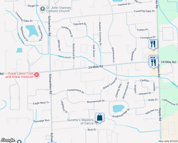 map of restaurants, bars, coffee shops, grocery stores, and more near 53065 Oak Grove in Macomb County