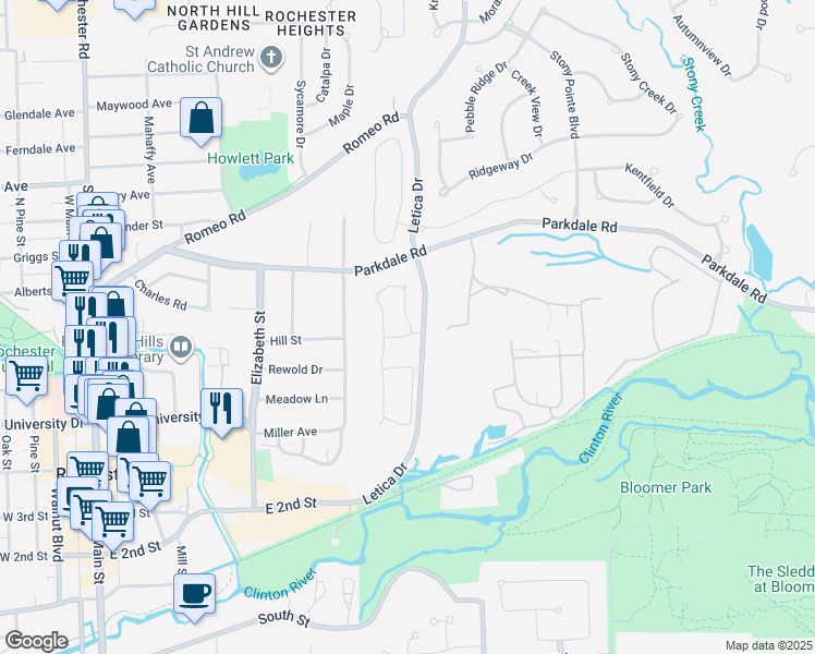 map of restaurants, bars, coffee shops, grocery stores, and more near 750 Letica Drive in Rochester