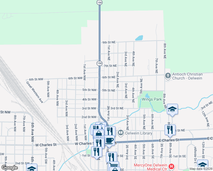 map of restaurants, bars, coffee shops, grocery stores, and more near 50-98 6th Street Northeast in Oelwein
