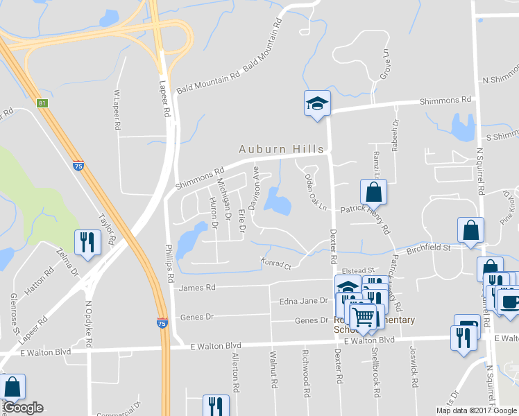 map of restaurants, bars, coffee shops, grocery stores, and more near 2814 Davison Avenue in Auburn Hills