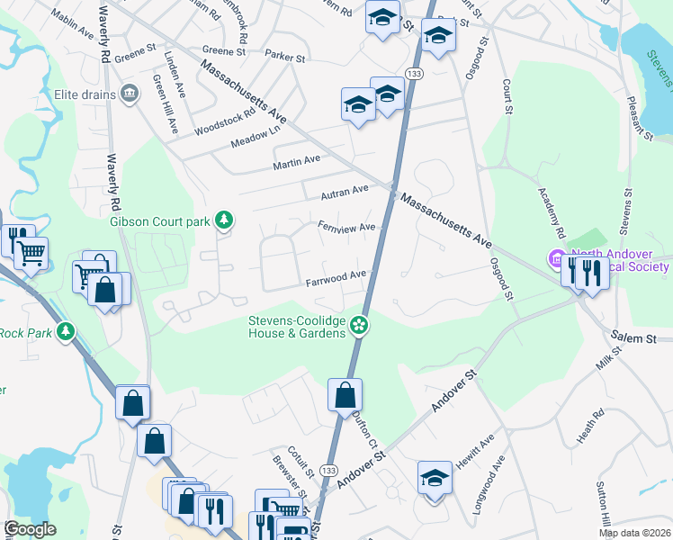 map of restaurants, bars, coffee shops, grocery stores, and more near 39 Farrwood Avenue in North Andover