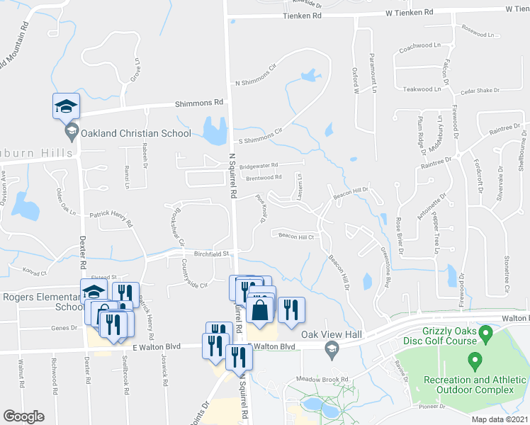 map of restaurants, bars, coffee shops, grocery stores, and more near 2860 Pine Knoll Drive in Auburn Hills