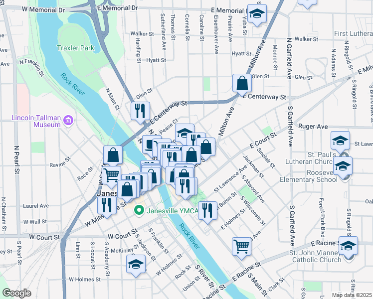 map of restaurants, bars, coffee shops, grocery stores, and more near 307 East Wall Street in Janesville