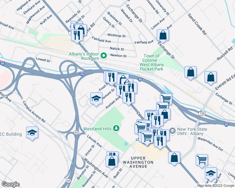 map of restaurants, bars, coffee shops, grocery stores, and more near 1017 Central Avenue in Albany