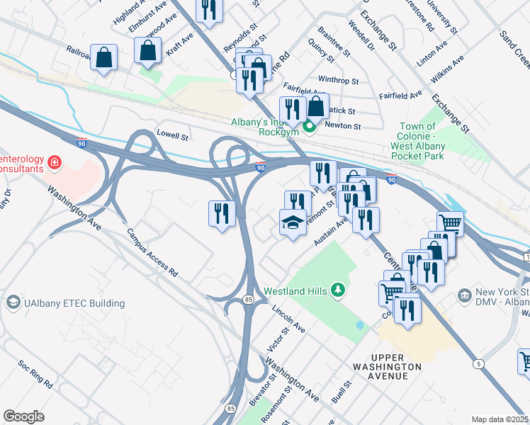 map of restaurants, bars, coffee shops, grocery stores, and more near 19 Pansey Street in Albany