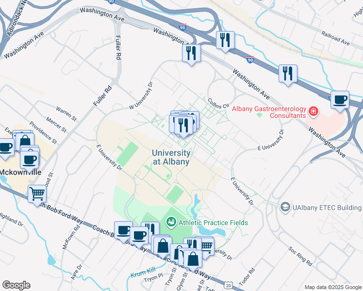 map of restaurants, bars, coffee shops, grocery stores, and more near 1400 Suny at Albany in Albany