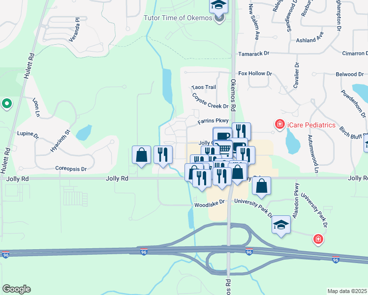 map of restaurants, bars, coffee shops, grocery stores, and more near 3625 Jolly Oak Road in Meridian charter Township