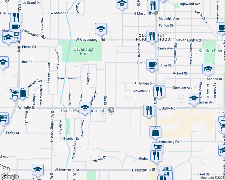 map of restaurants, bars, coffee shops, grocery stores, and more near 4803 Stafford Avenue in Lansing