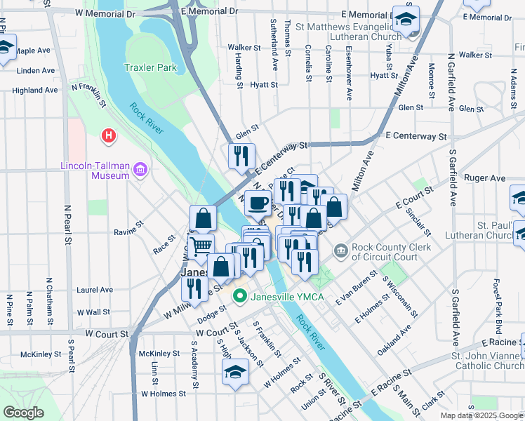 map of restaurants, bars, coffee shops, grocery stores, and more near 214 North Parker Drive in Janesville