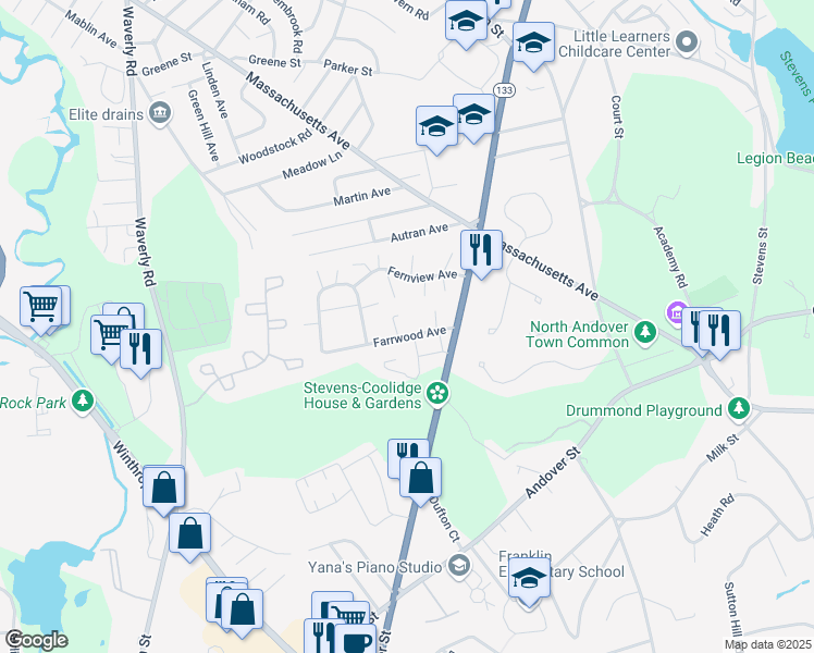 map of restaurants, bars, coffee shops, grocery stores, and more near 41 Farrwood Avenue in North Andover