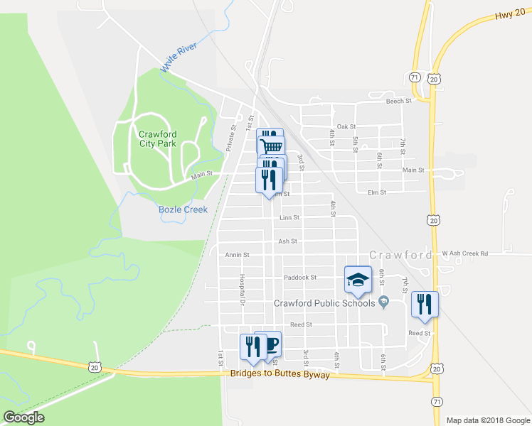 map of restaurants, bars, coffee shops, grocery stores, and more near 445 2nd Street in Crawford