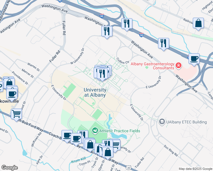 map of restaurants, bars, coffee shops, grocery stores, and more near 1400 Suny at Albany in Albany