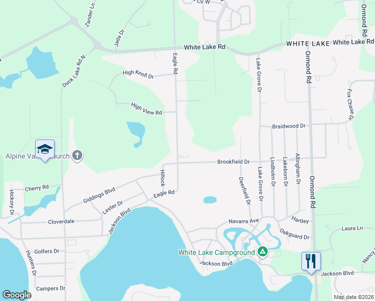 map of restaurants, bars, coffee shops, grocery stores, and more near 5070 Eagle Road in White Lake charter Township