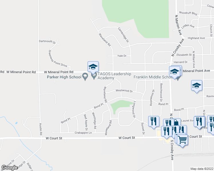 map of restaurants, bars, coffee shops, grocery stores, and more near 400 Waveland Road in Janesville