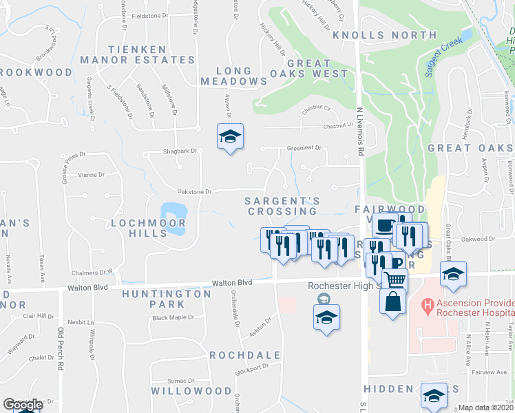 map of restaurants, bars, coffee shops, grocery stores, and more near 371 Rochdale Drive North in Rochester Hills