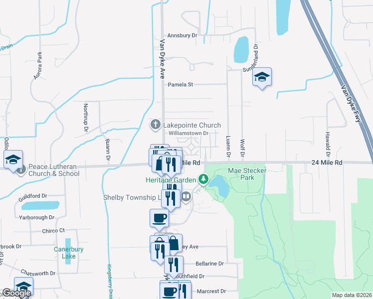 map of restaurants, bars, coffee shops, grocery stores, and more near 8264 Yorkshire Drive in Macomb County