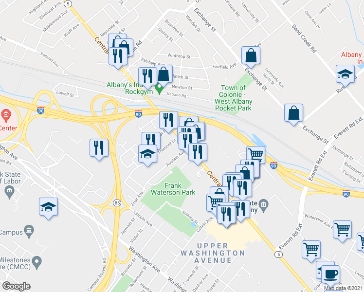 map of restaurants, bars, coffee shops, grocery stores, and more near 1022 Central Avenue in Albany
