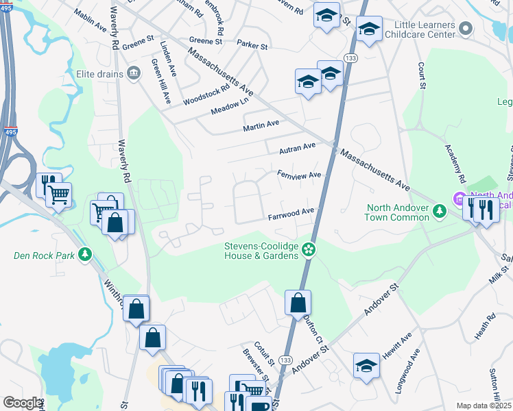 map of restaurants, bars, coffee shops, grocery stores, and more near 5 Fernview Avenue in North Andover