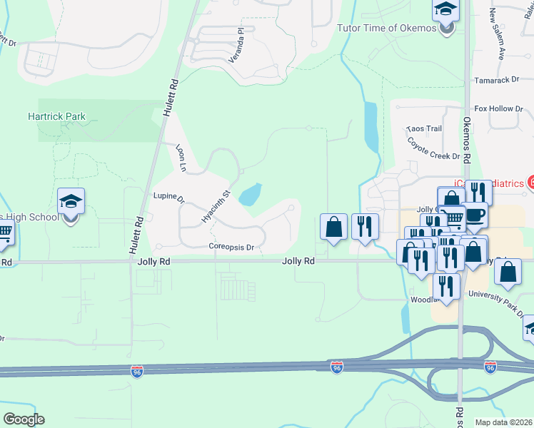 map of restaurants, bars, coffee shops, grocery stores, and more near 2534 Lupine Court in Meridian charter Township