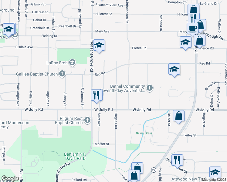 map of restaurants, bars, coffee shops, grocery stores, and more near 4804 Hughes Road in Lansing