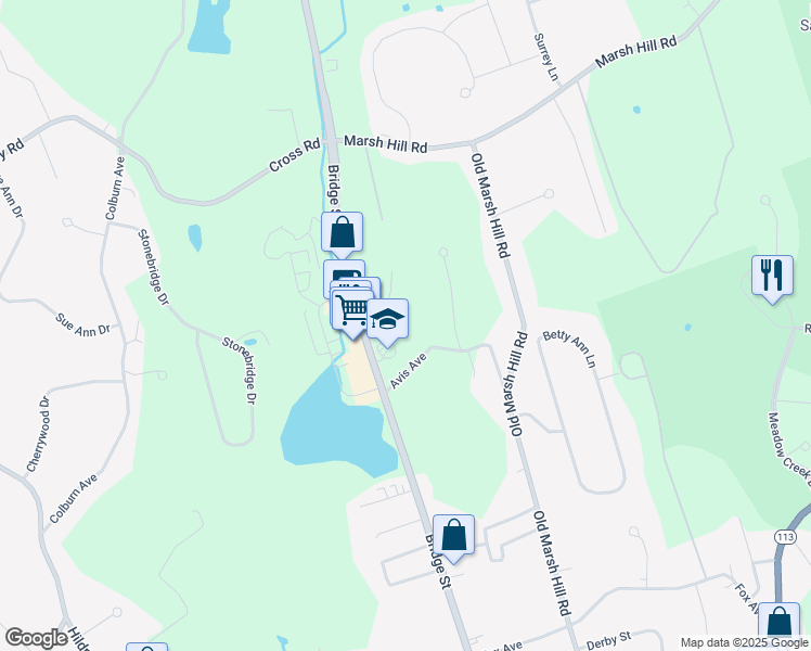 map of restaurants, bars, coffee shops, grocery stores, and more near 1827 Bridge Street in Dracut