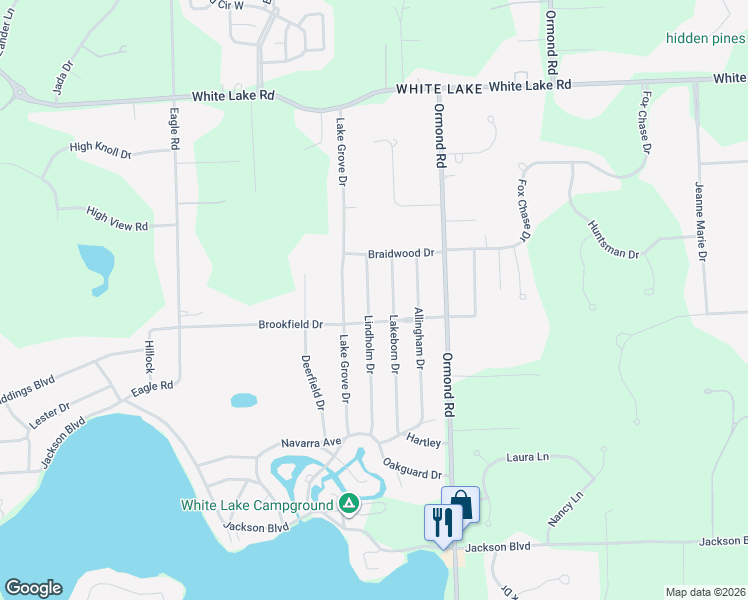 map of restaurants, bars, coffee shops, grocery stores, and more near 5056 Lindholm Drive in White Lake charter Township
