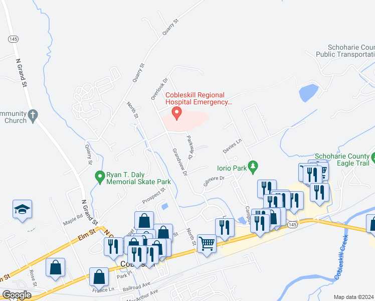 map of restaurants, bars, coffee shops, grocery stores, and more near 119 Parkway Drive in Cobleskill